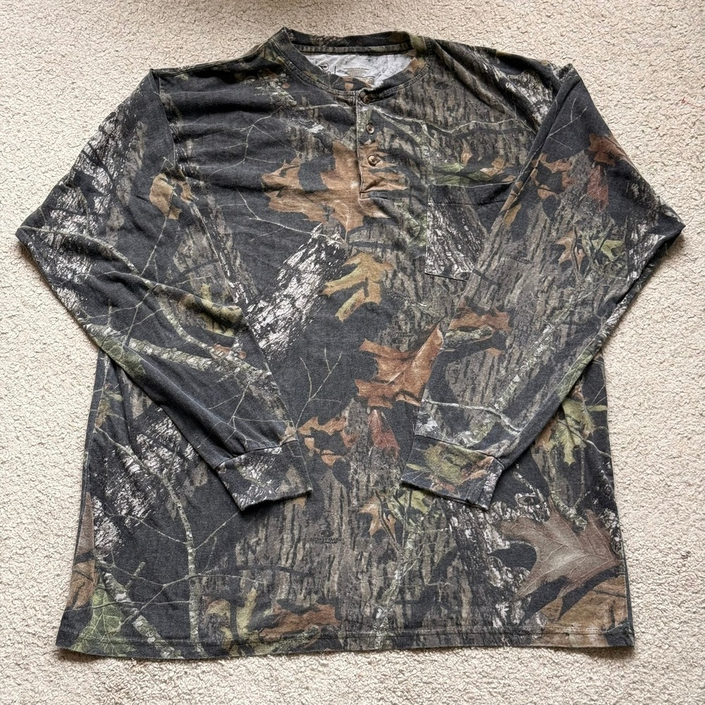 RedHead Mens XL Henley Shirt Mossy Oak Camo Long Sleeve Pocket Hunting Tee